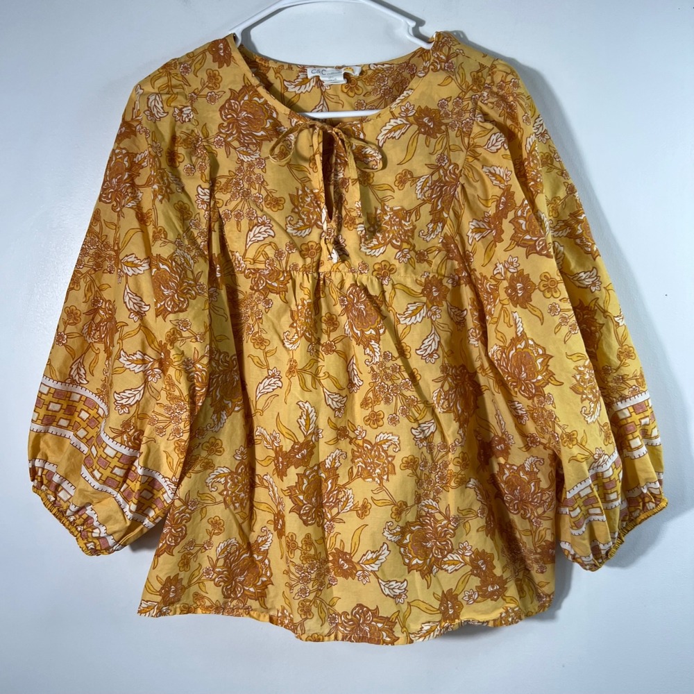 Womens C & C California Boho Floral Tunic Peasant Top Orange Yellow L Cotton
